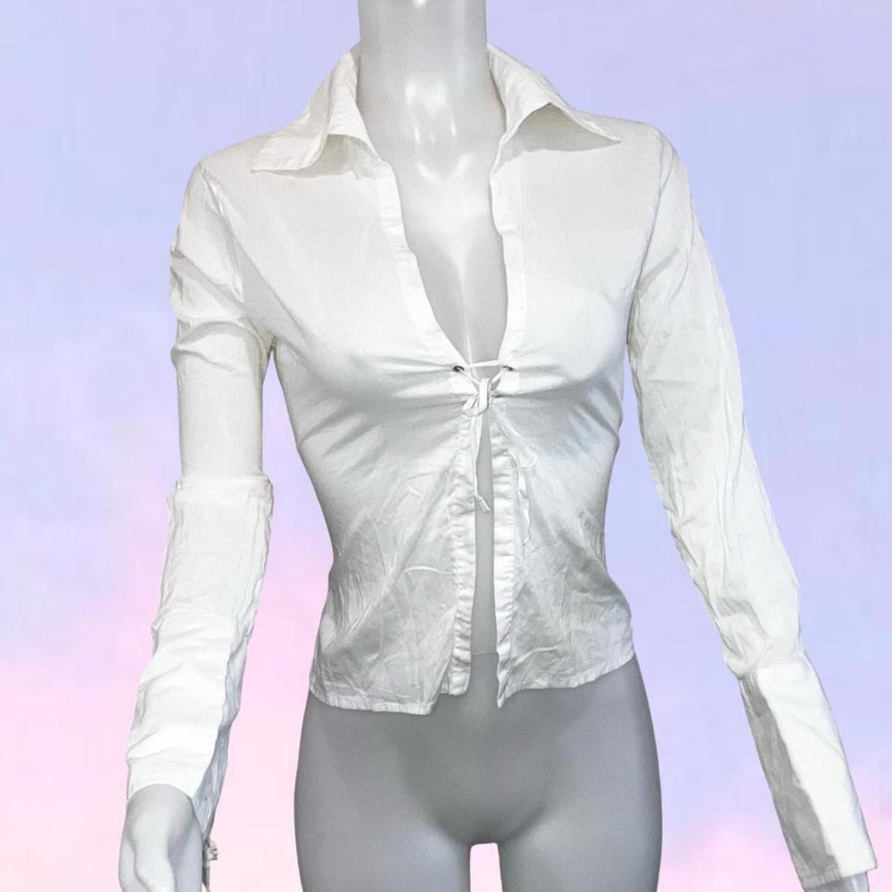 Vintage 90s y2k mango White Tie-Front Collared Women's Top
